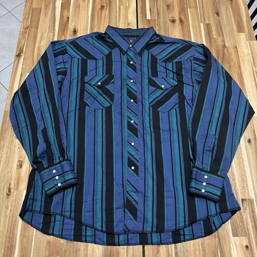 Vintage Wrangler Western Shirt Mens 2XL Striped Pearl Snap Long Sleeve Cowboy